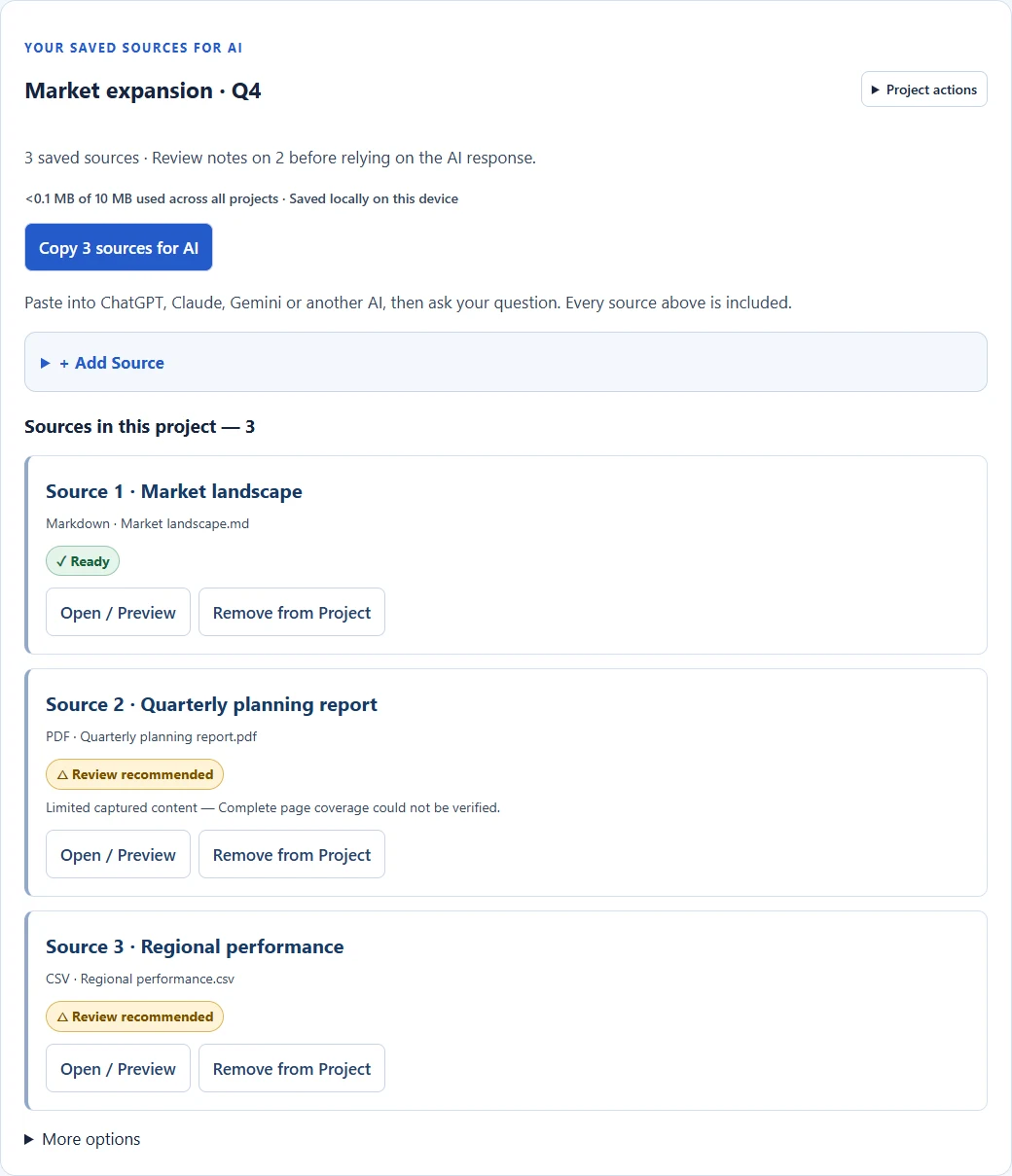 Current Research Projects interface with Market expansion Q4, three saved sources and Copy for AI.